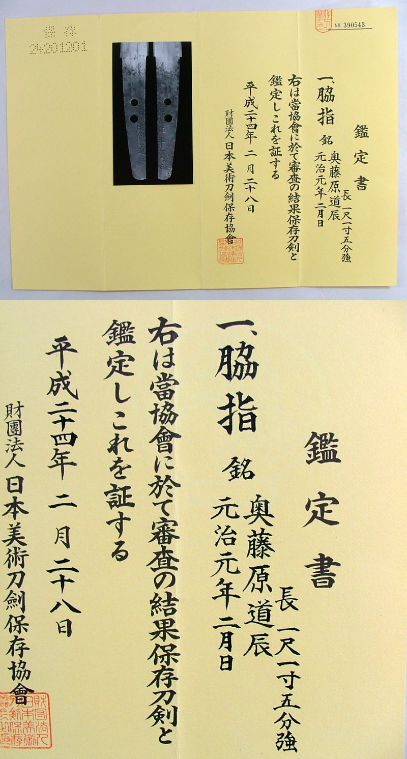 奥藤原道辰 (六代)鑑定書画像