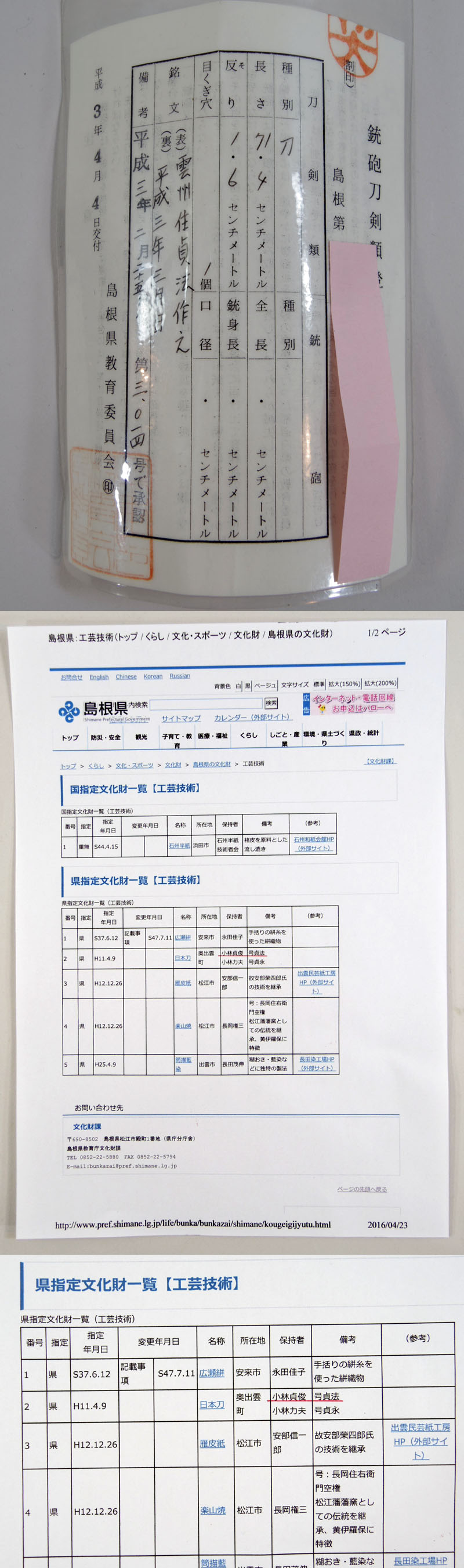 雲州住貞法作之（小林貞法）鑑定書画像