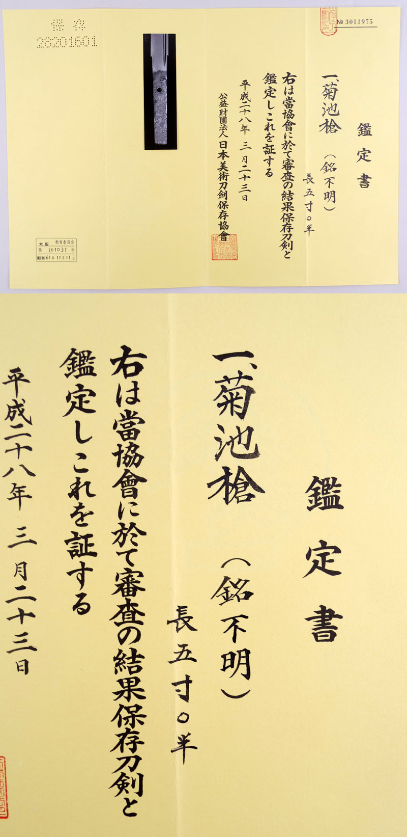 菊池槍（銘不明）鑑定書画像