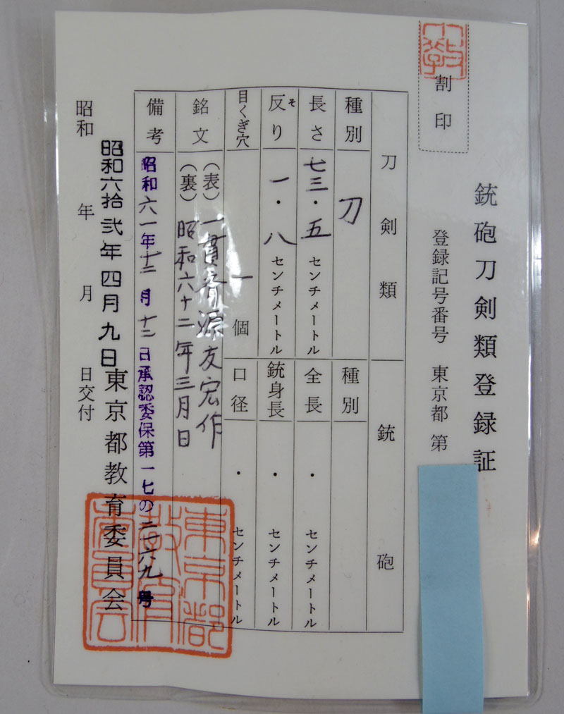 一貫斎源友宏作鑑定書画像