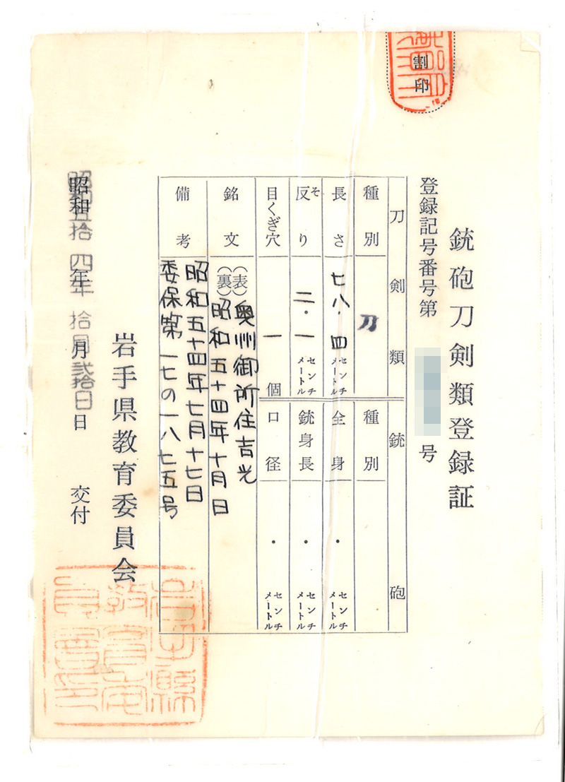 刀　奥州御所住吉光 (安本吉光)　　昭和五十四年十月日鑑定書画像