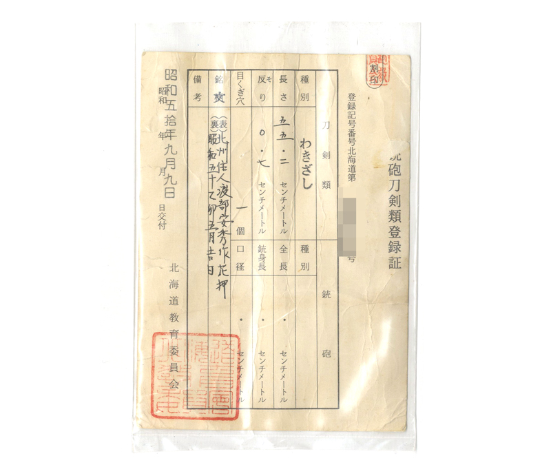 脇差 北州住人渡辺安秀 (花押) (堀井俊秀の門人) 昭和五十乙卯五月吉日鑑定書画像