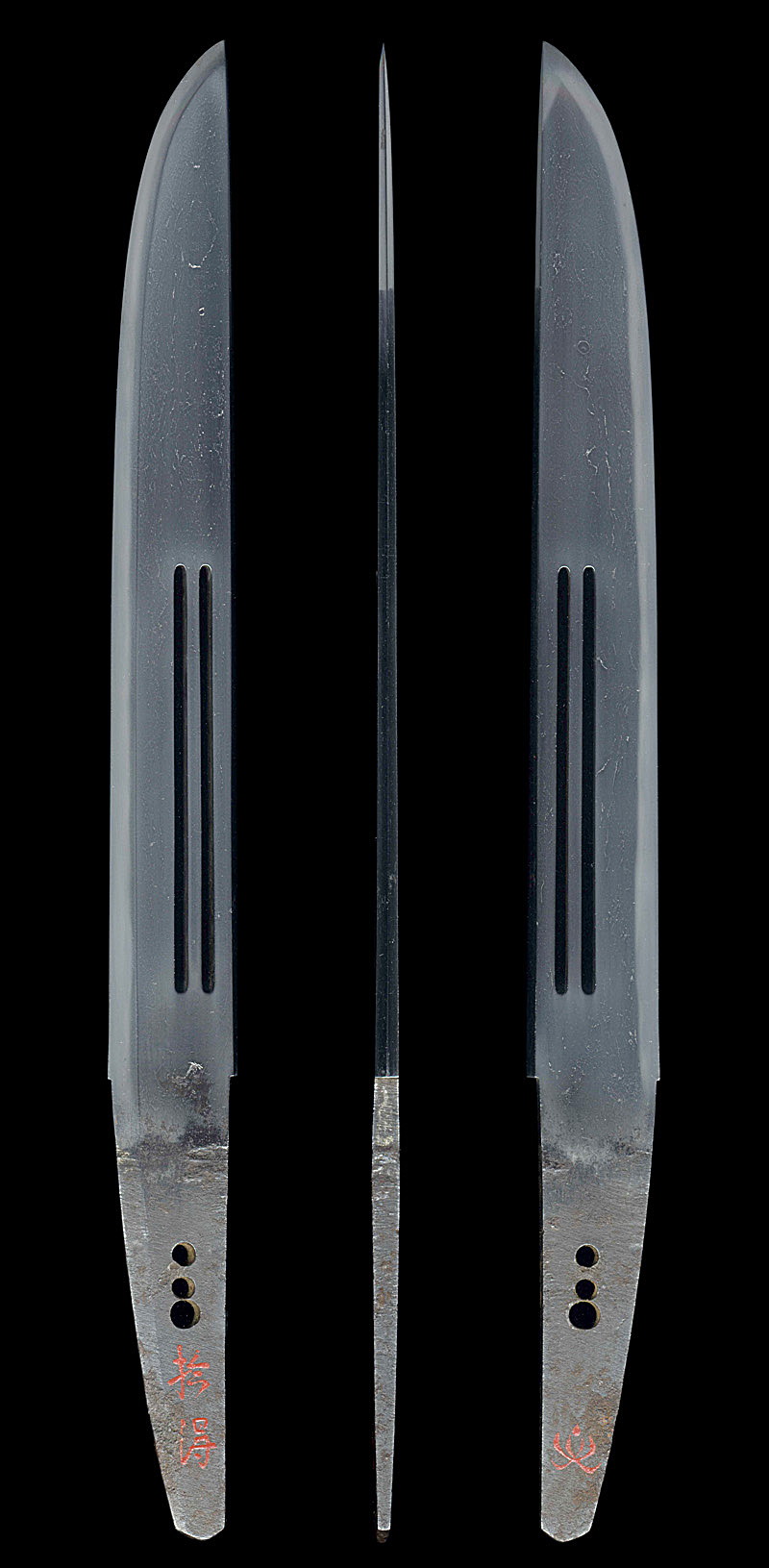 短刀　(越前下坂) (欄間透)　　　拾得(朱書) (蓮台文)全体画像